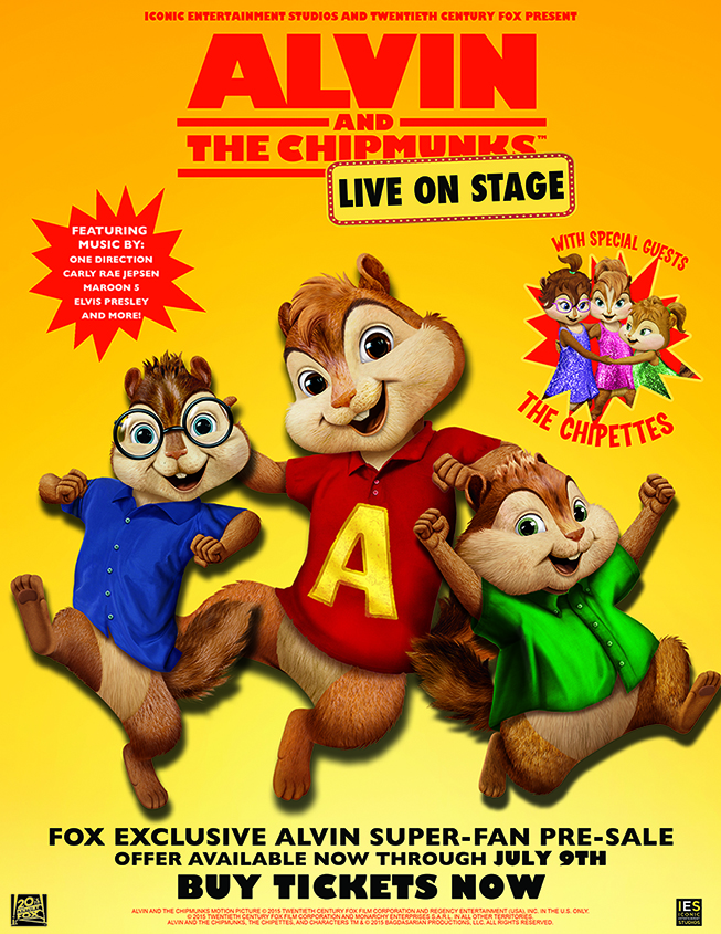 “ALVIN AND THE CHIPMUNKS: LIVE ON STAGE!” COMES TO THE ROSEMONT THEATRE FOR FOUR PERFORMANCES NOV 20 & 21 1 Twentieth Century Fox Consumer Products and Iconic Entertainment Studios will bring “ALVIN AND THE CHIPMUNKS: LIVE ON STAGE!,” a brand new, music-filled interactive live show, to the Rosemont Theatre, 5400 N. River Road for four performances November 20 and 21. The world’s most famous chipmunk trio – accompanied by the Chipettes – will delight fans of all ages with a live performance that will feature spectacular production values, music, special effects and immersive interactivity to encourage audience participation.Based on the characters from the hit Twentieth Century Fox movies, the show will brings to life the music and excitement of a live rock concert with a little “old school” breakdancing and  a “no-holds-barred” food fight as the Chipmunks perform hits by One Direction, Maroon 5, Carly Rae Jespen, Elvis Presley and more. Joining Alvin, Simon and Theodore are their special guests, the Chipettes.